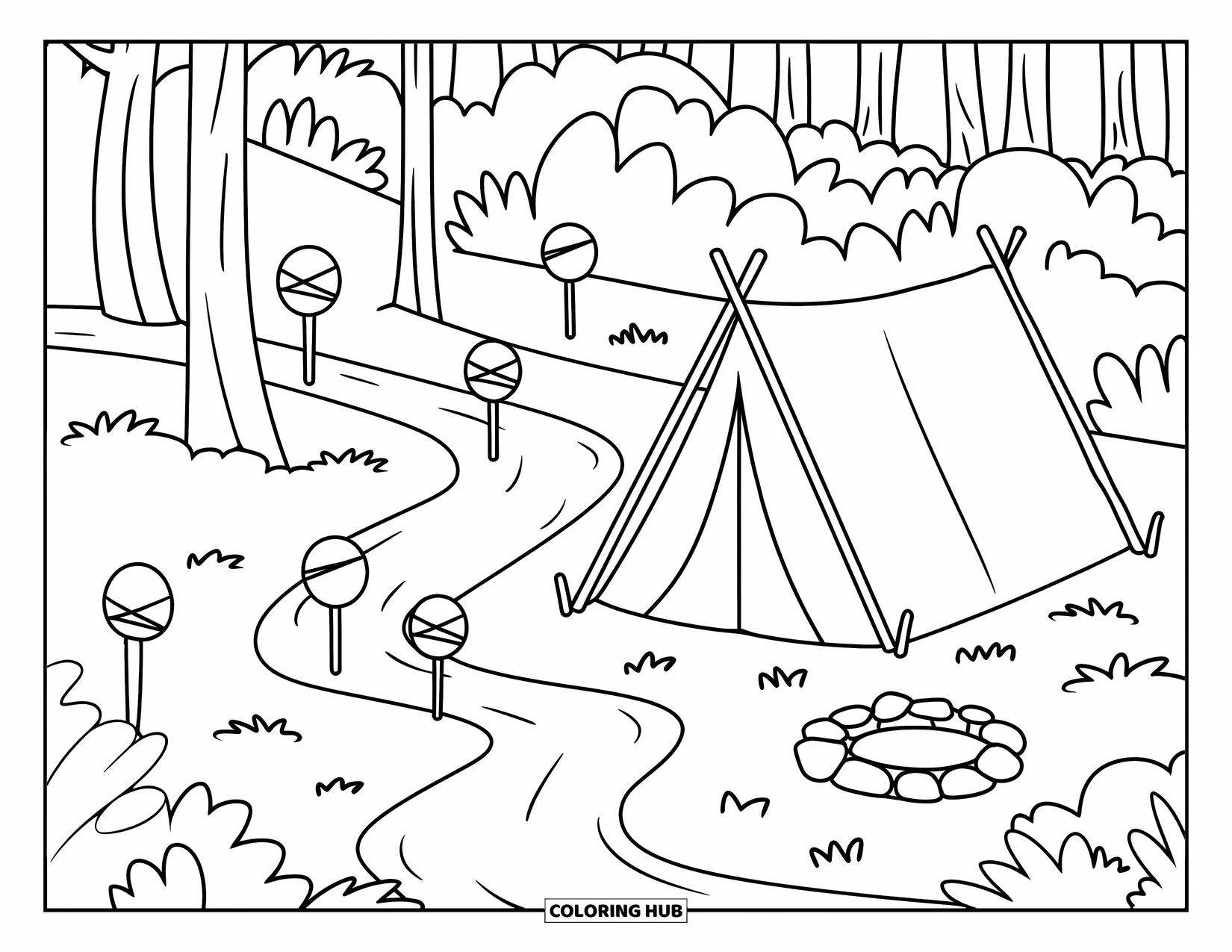 Letter T Coloring Page for Kids: Tent and trail markers sit beside trees and a stone-ringed fire pit