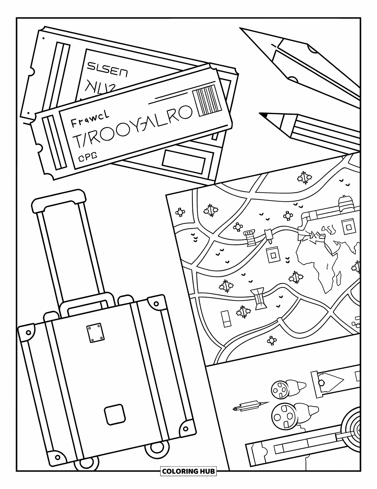 Letter T Coloring Page for Kids: Ticket, train, suitcase, and map make up a travel flat lay
