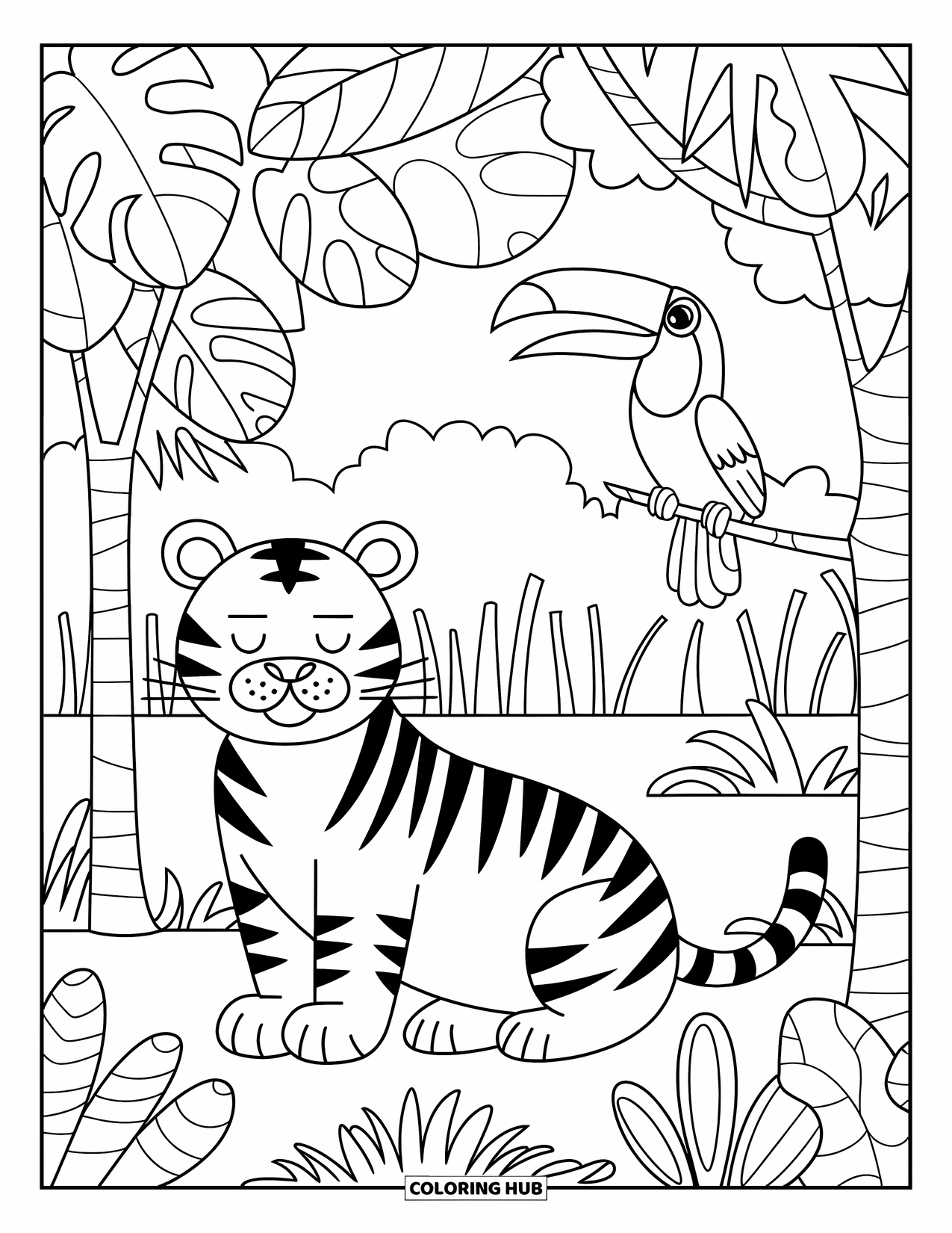 Letter T Coloring Page for Kids: Tiger and toucan relax among tropical trees in a jungle