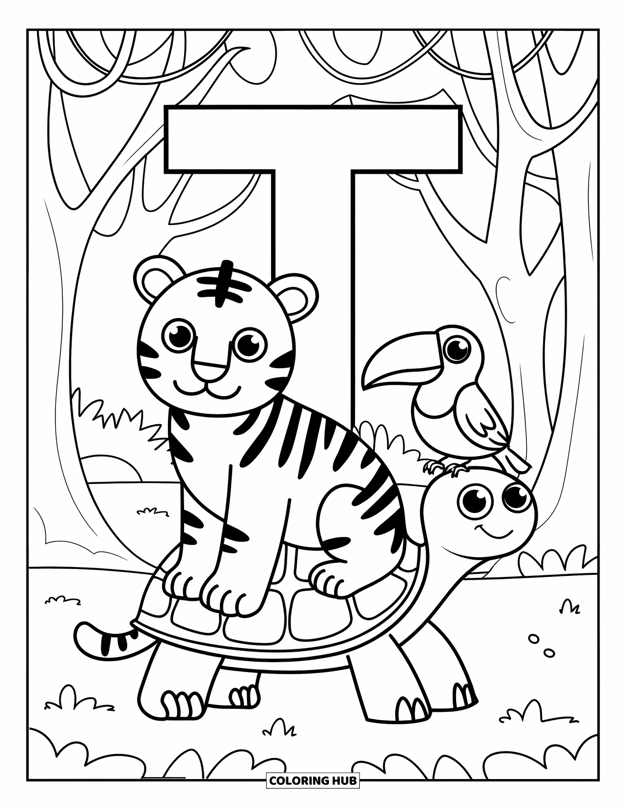 Letter T Coloring Page for Kids: Tiger sits on a turtle, toucan perches nearby, all around T