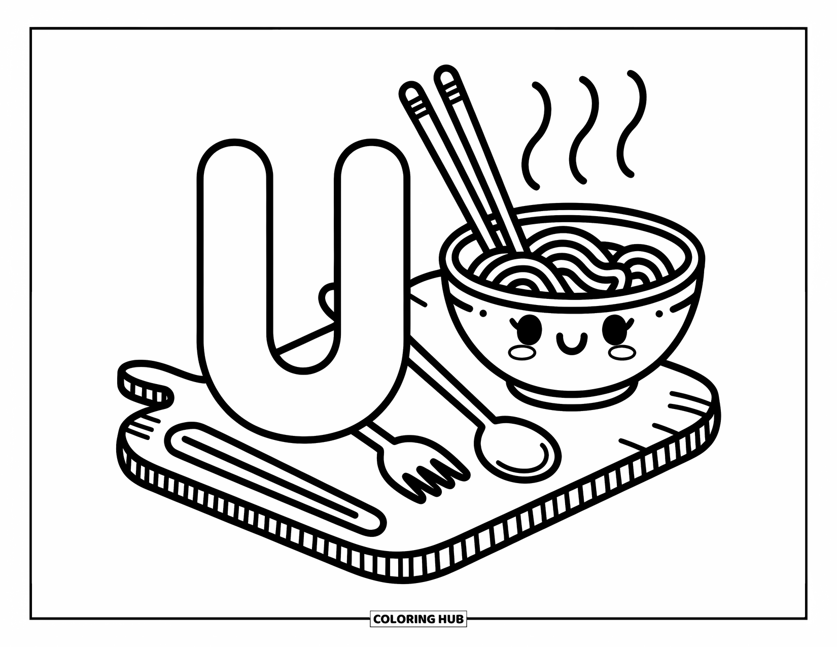 Letter U Coloring Page for Adults: A big U stands near udon noodles and playful kitchen tools