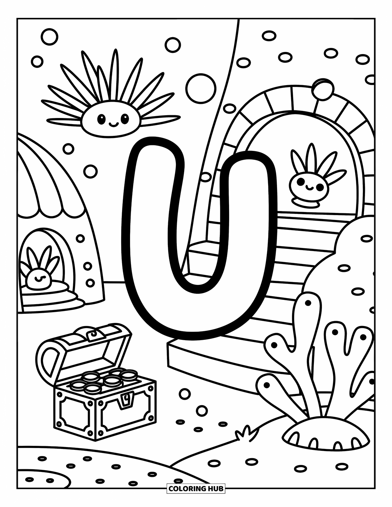 Letter U Coloring Page for Adults: A cozy underwater U surrounded by treasure, urchins, and coral shapes