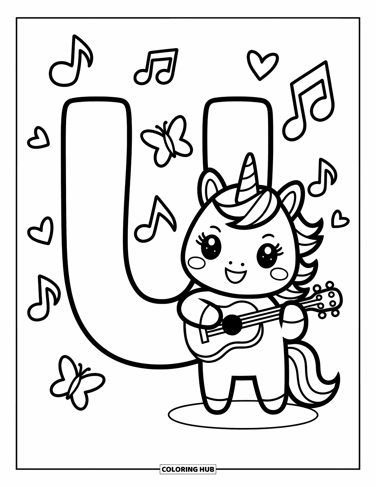Letter U Coloring Page for Adults: A unicorn strums a ukulele next to a cheerful U and fluttering butterflies