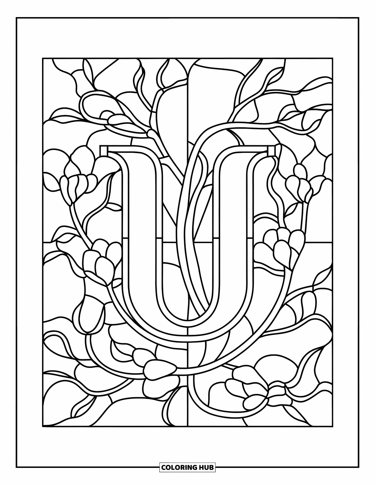 Letter U Coloring Page for Adults: Letter U framed in a stained glass pattern of branches and blossoms