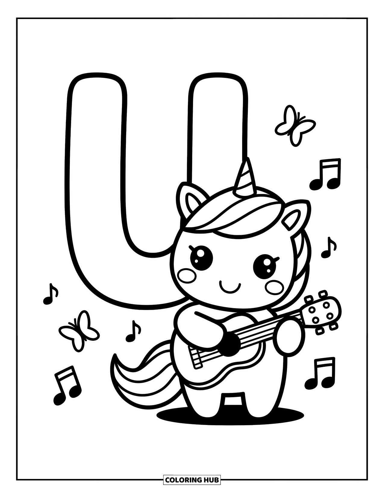 Letter U Coloring Page for Adults: Letter U glows while a unicorn plays ukulele and butterflies dance nearby