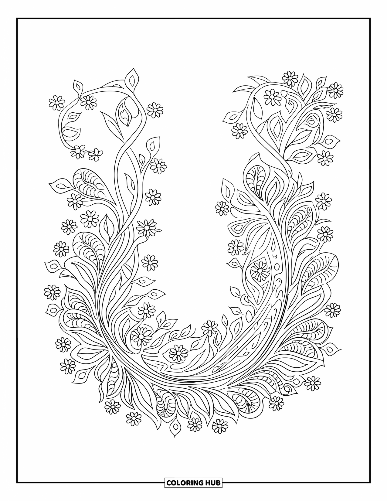 Letter U Coloring Page for Adults: Letter U is framed by a circular mandala of trailing vines and tiny flowers