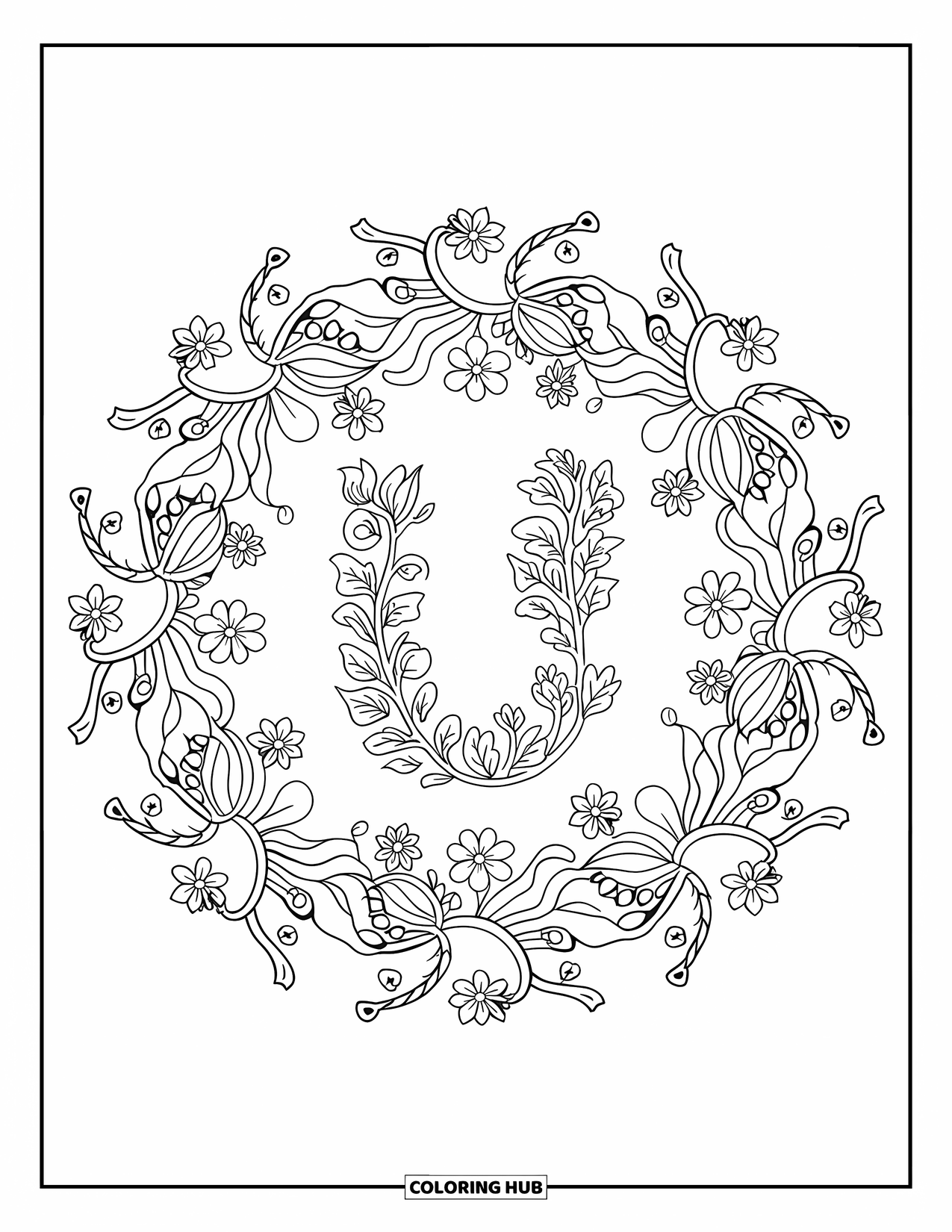Letter U Coloring Page for Adults: Trailing vines and blossoms shape a mandala centered around the letter U