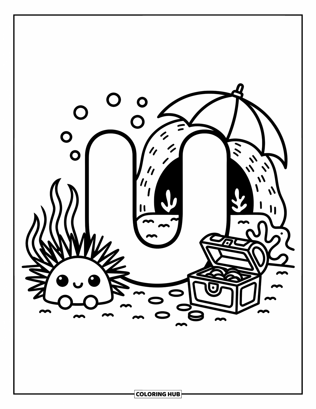 Letter U Coloring Page for Adults: U floats with coral, an urchin, a cave, and coins peeking from sand