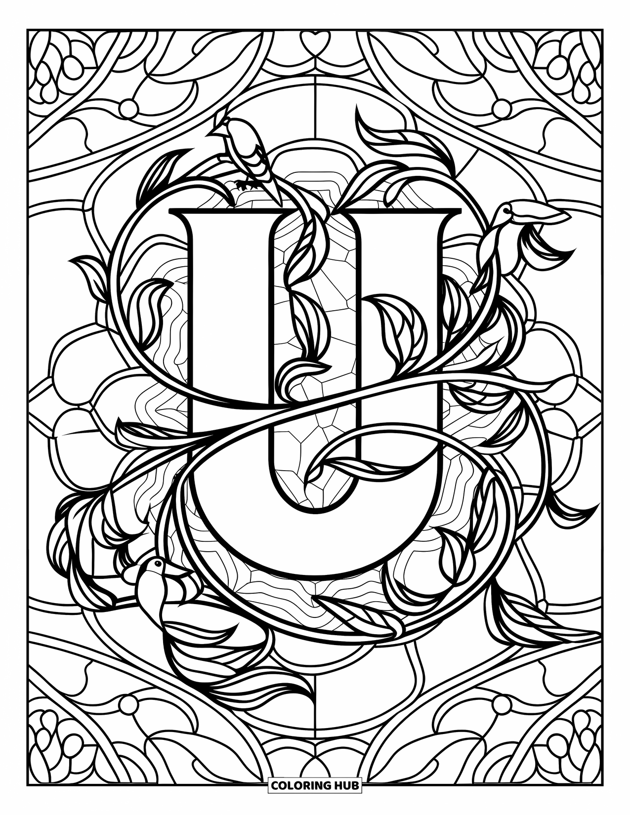 Letter U Coloring Page for Adults: U is framed by stained glass vines and birds with flowing, leafy details