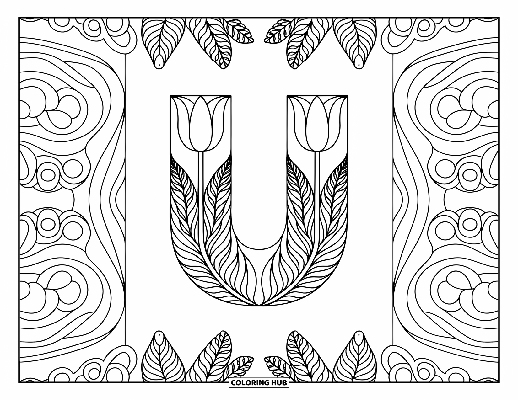 Letter U Coloring Page for Adults: U is framed by tulip and fern patterns with repeating, symmetrical floral details