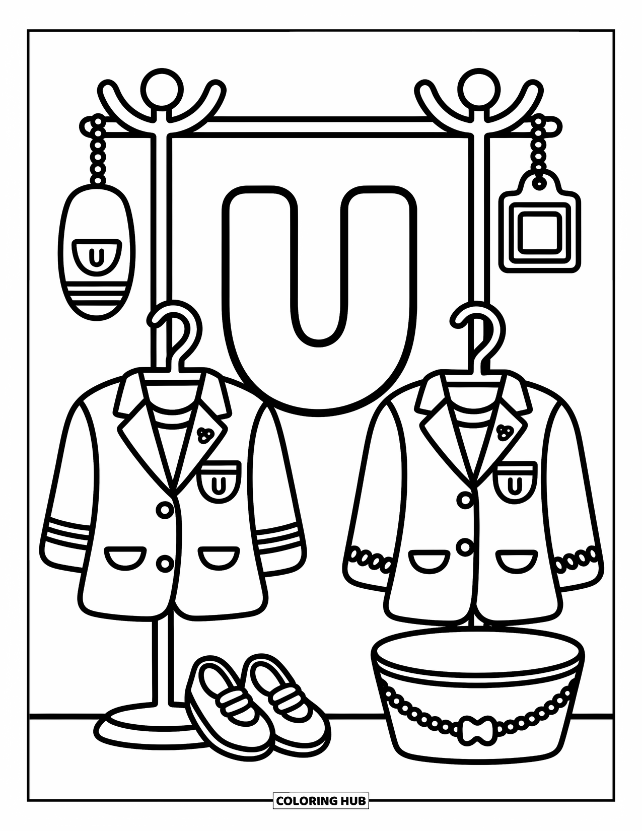 Letter U Coloring Page for Adults: U is surrounded by cozy uniforms, badges, and cheerful little shoes