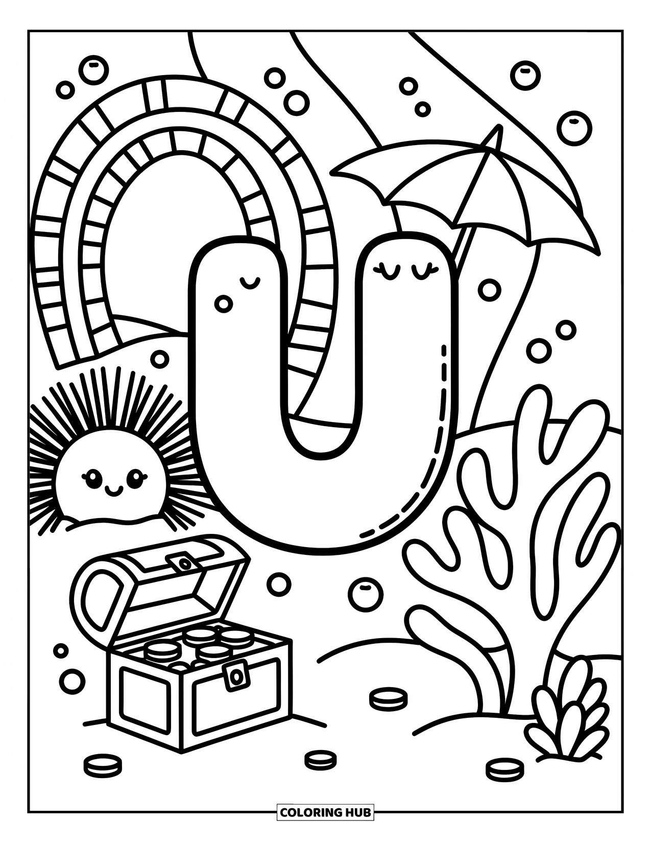 Letter U Coloring Page for Adults: U is underwater with urchins, a cave, coral, and a treasure chest