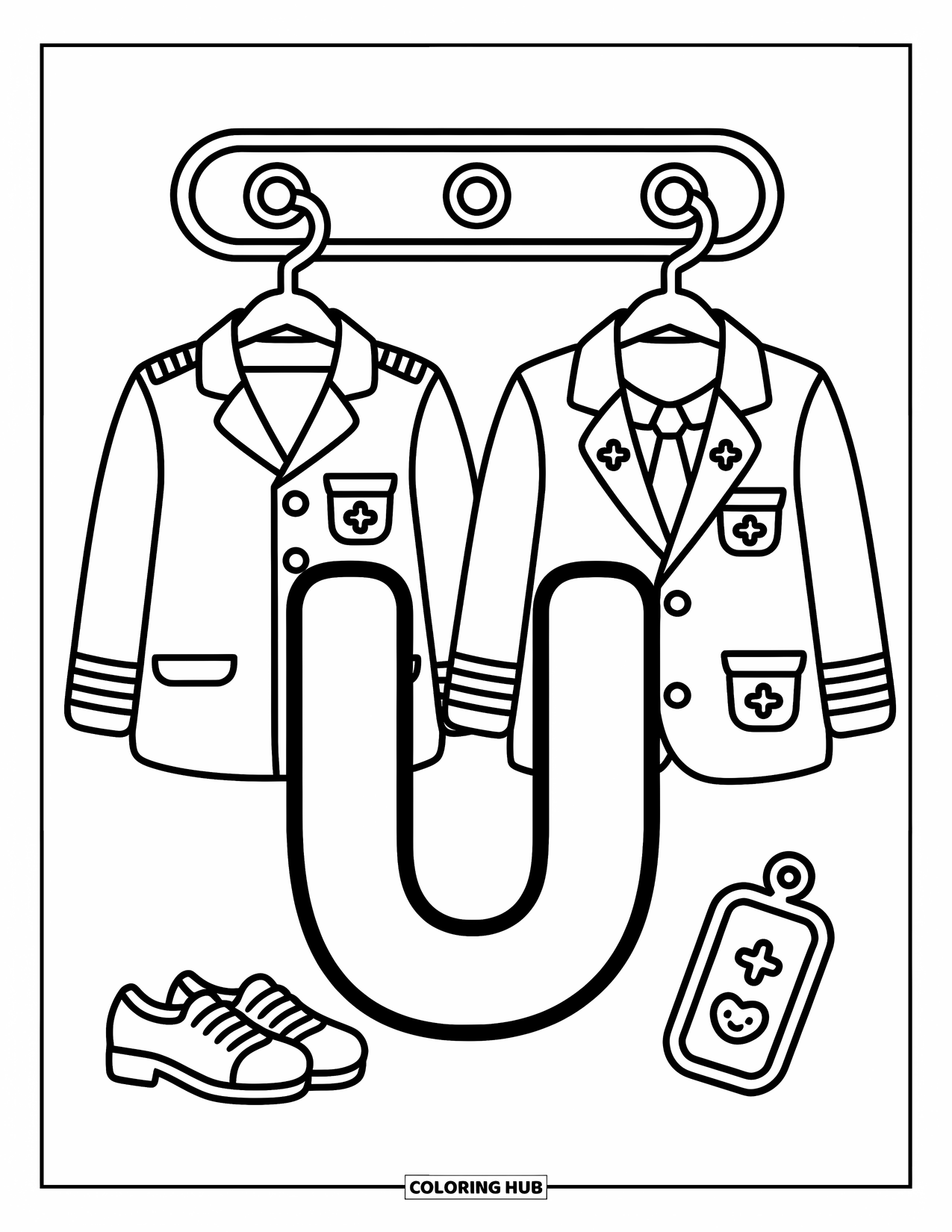 Letter U Coloring Page for Adults: U stands before a coat rack of tiny uniforms and adorable shoes