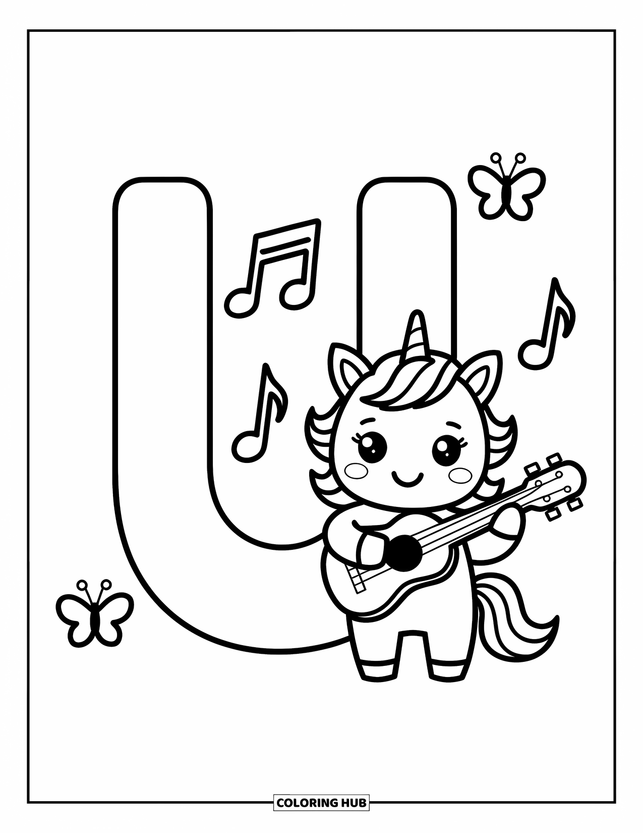 Letter U Coloring Page for Adults: U stands beside a unicorn playing a ukulele with notes and butterflies