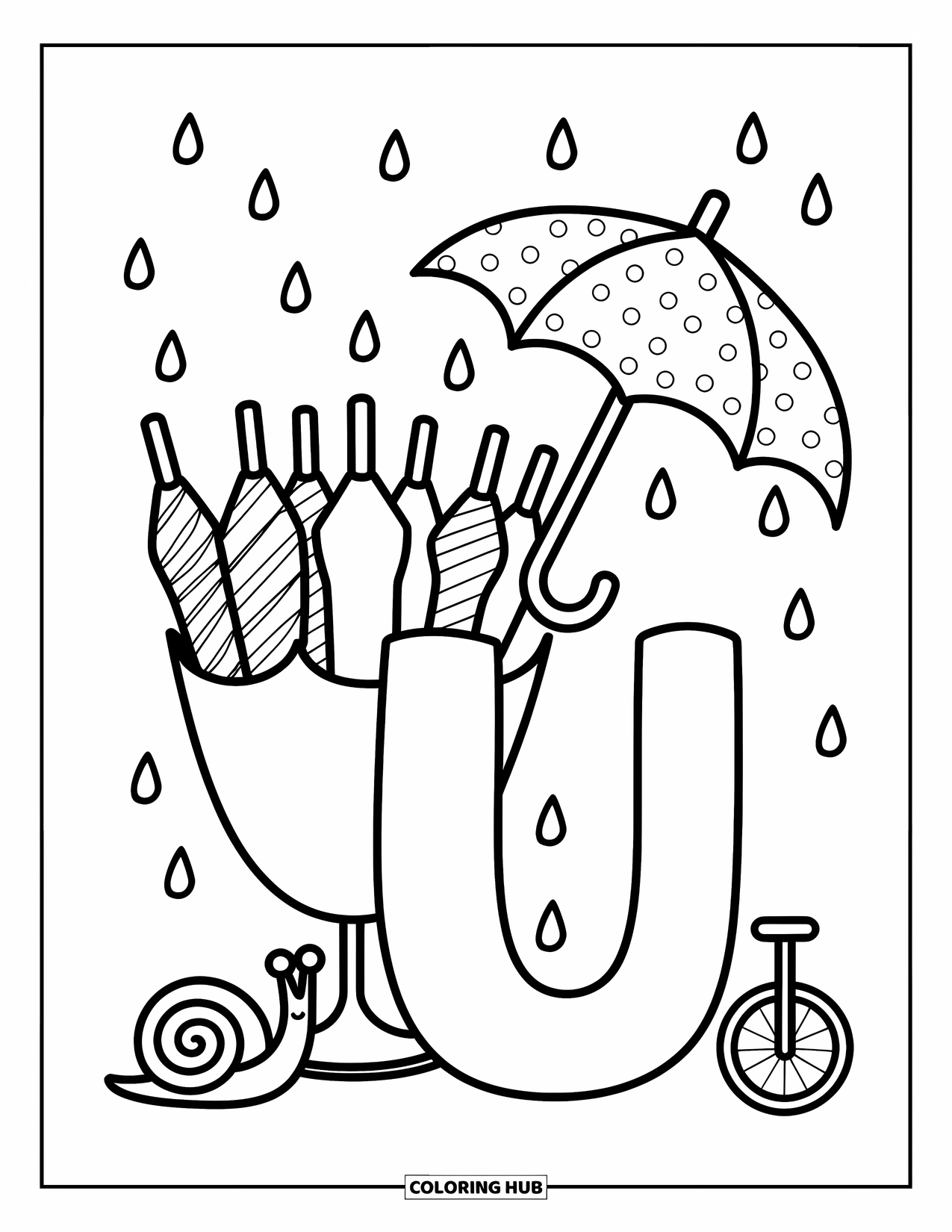 Letter U Coloring Page for Adults: U stands near a cute umbrella rack with a snail and a unicycle