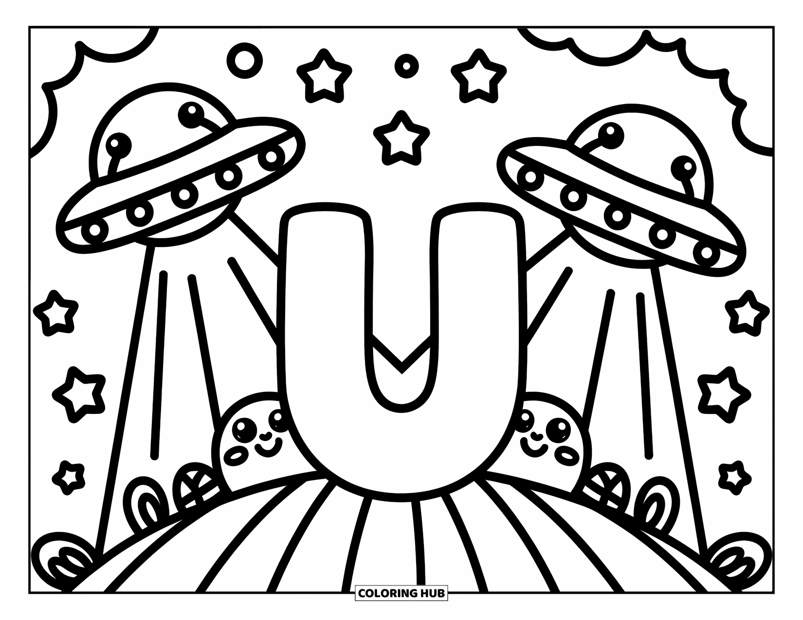 Letter U Coloring Page for Adults: U stands on a hill as UFOs and stars light up the night sky