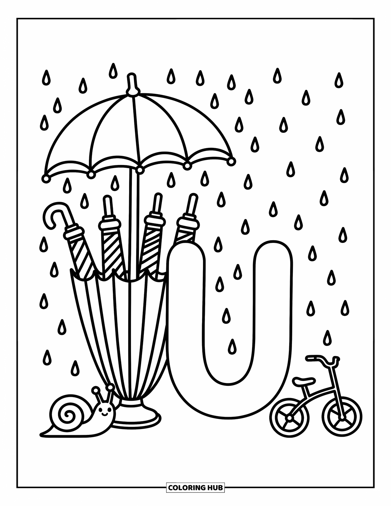 Letter U Coloring Page for Adults: Umbrellas, a snail, and a unicycle surround a happy U