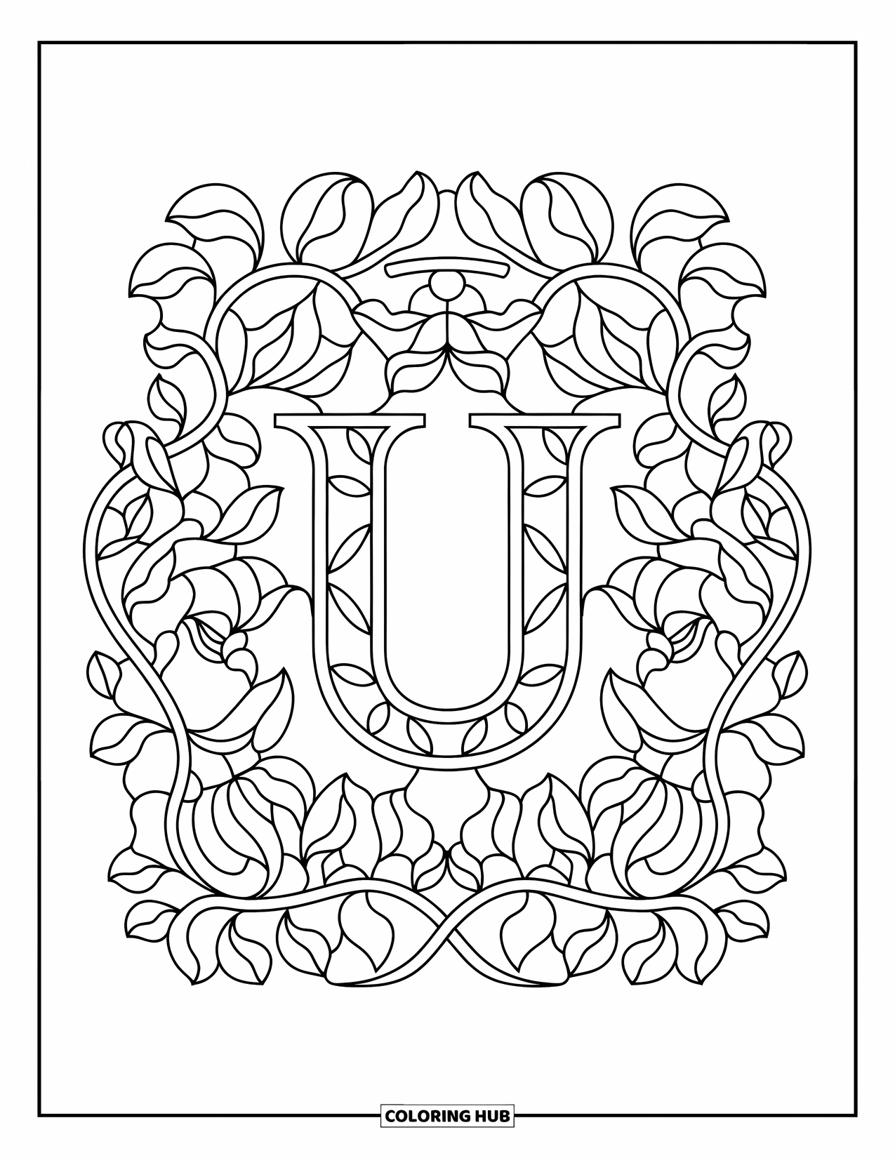 Letter U Coloring Page for Adults: Vines and small birds curl around U in a stained glass pattern