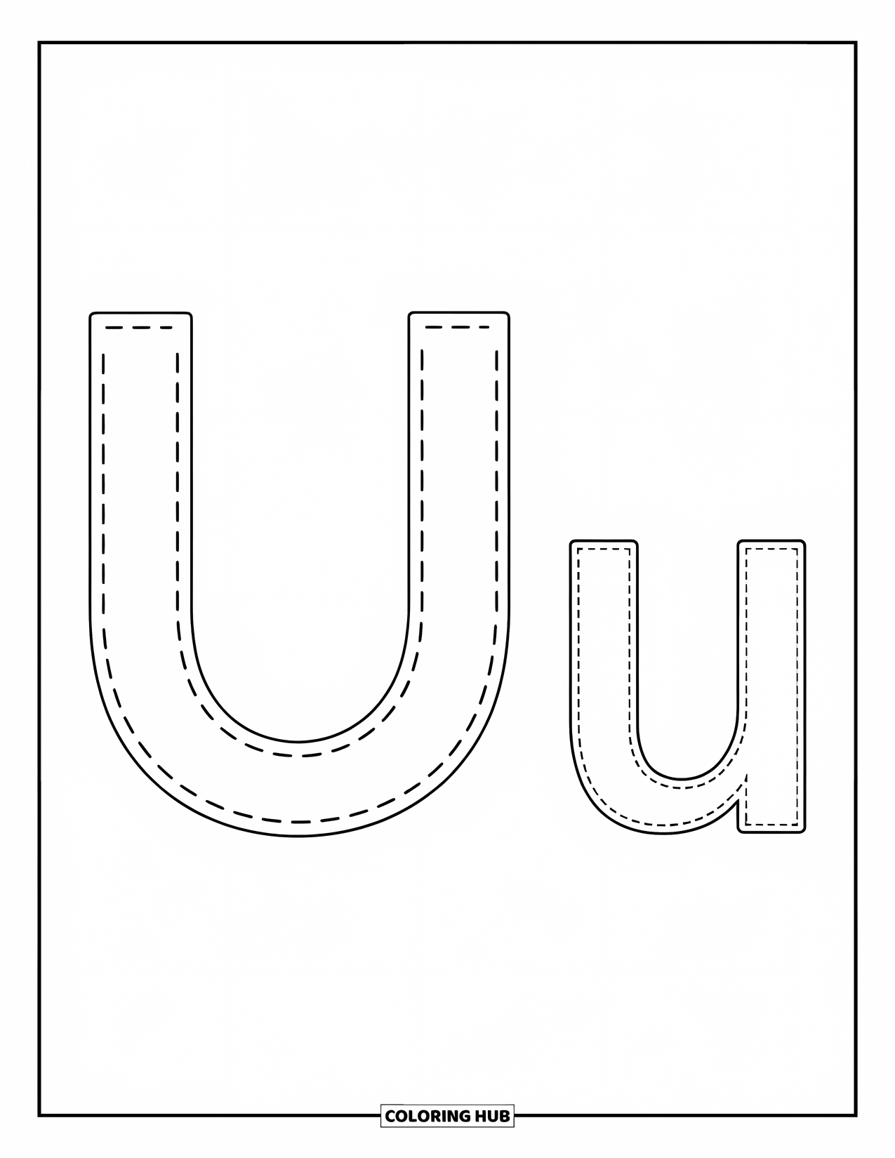 Letter U Coloring Page for Kids: A big dotted U and a small dotted u sit side by side for tracing