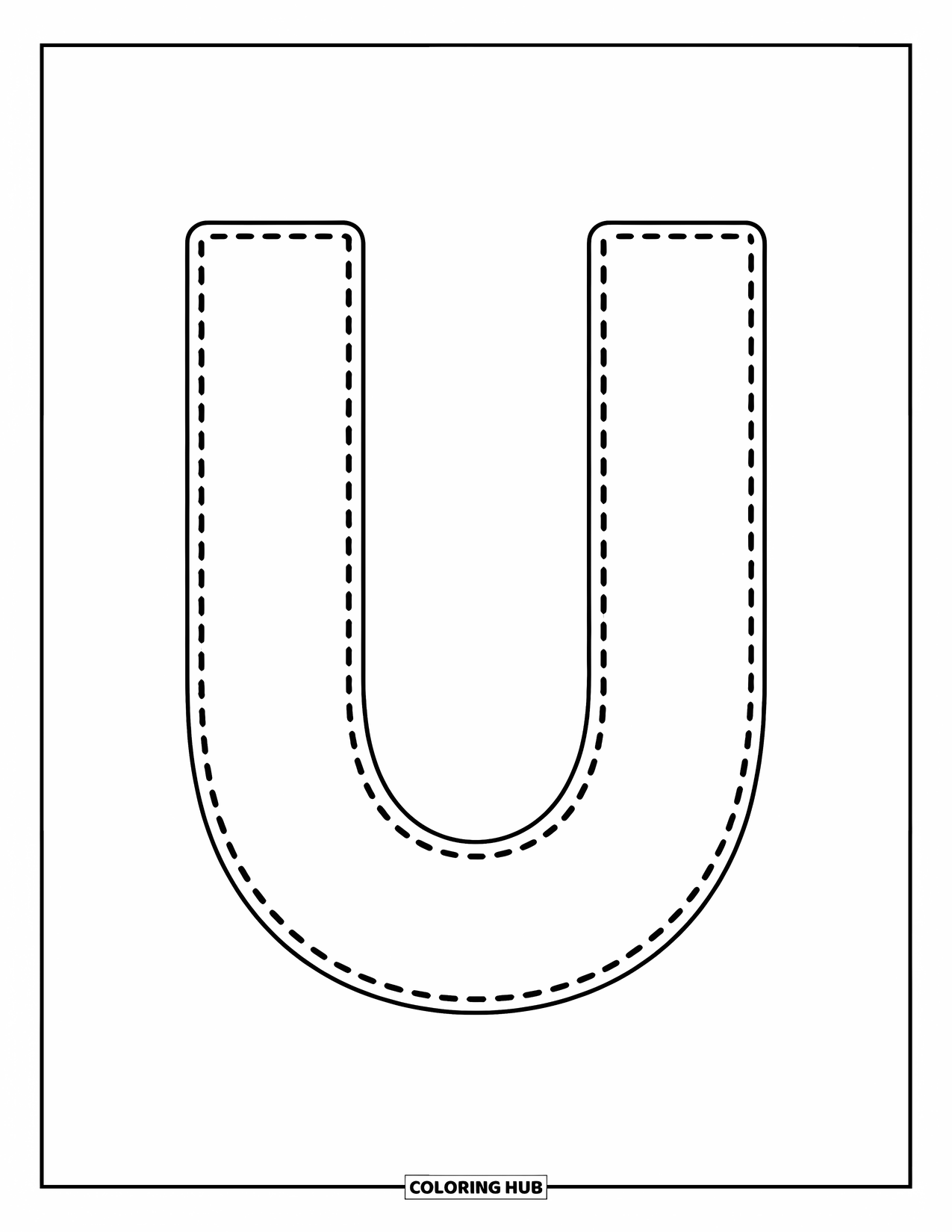 Letter U Coloring Page for Kids: A big letter U in dotted-outline style sits on a clean white page, simple and cheerful