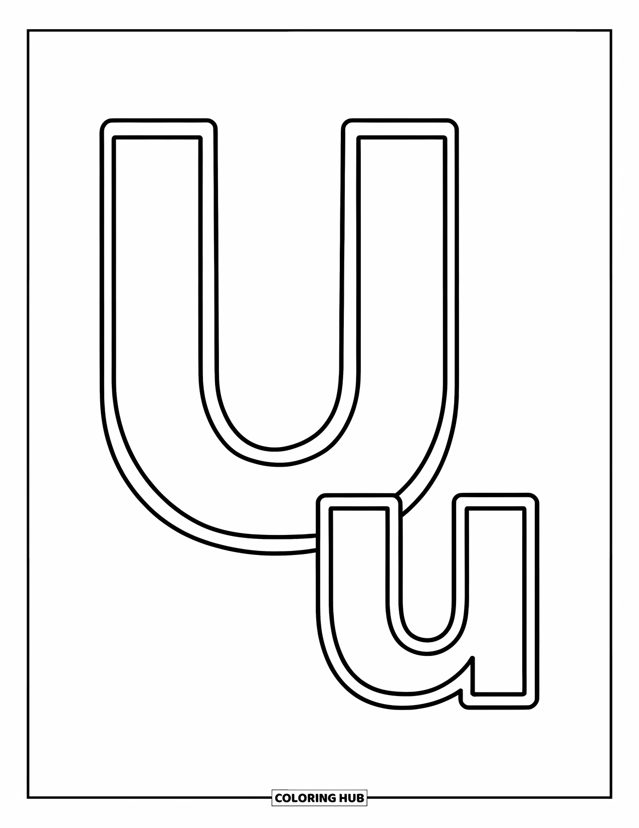 Letter U Coloring Page for Kids: A big uppercase U and small lowercase u sit side by side in thick, bold outlines