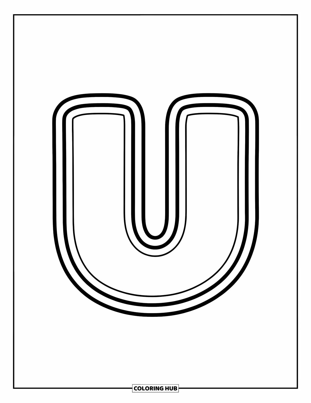 Letter U Coloring Page for Kids: A bold lowercase letter "u" sits happily in the center, outlined thickly
