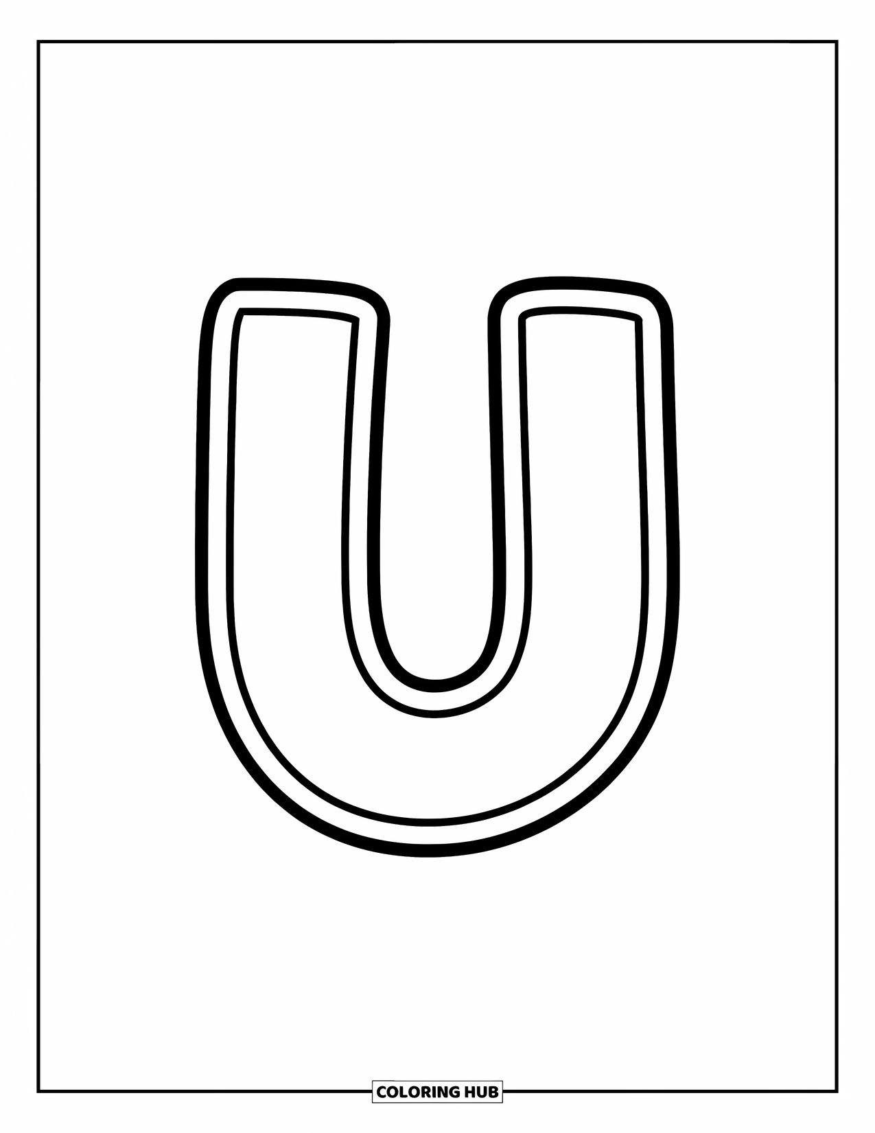 Letter U Coloring Page for Kids: A cheerful small "u" in bold outline is centered on a clean white page