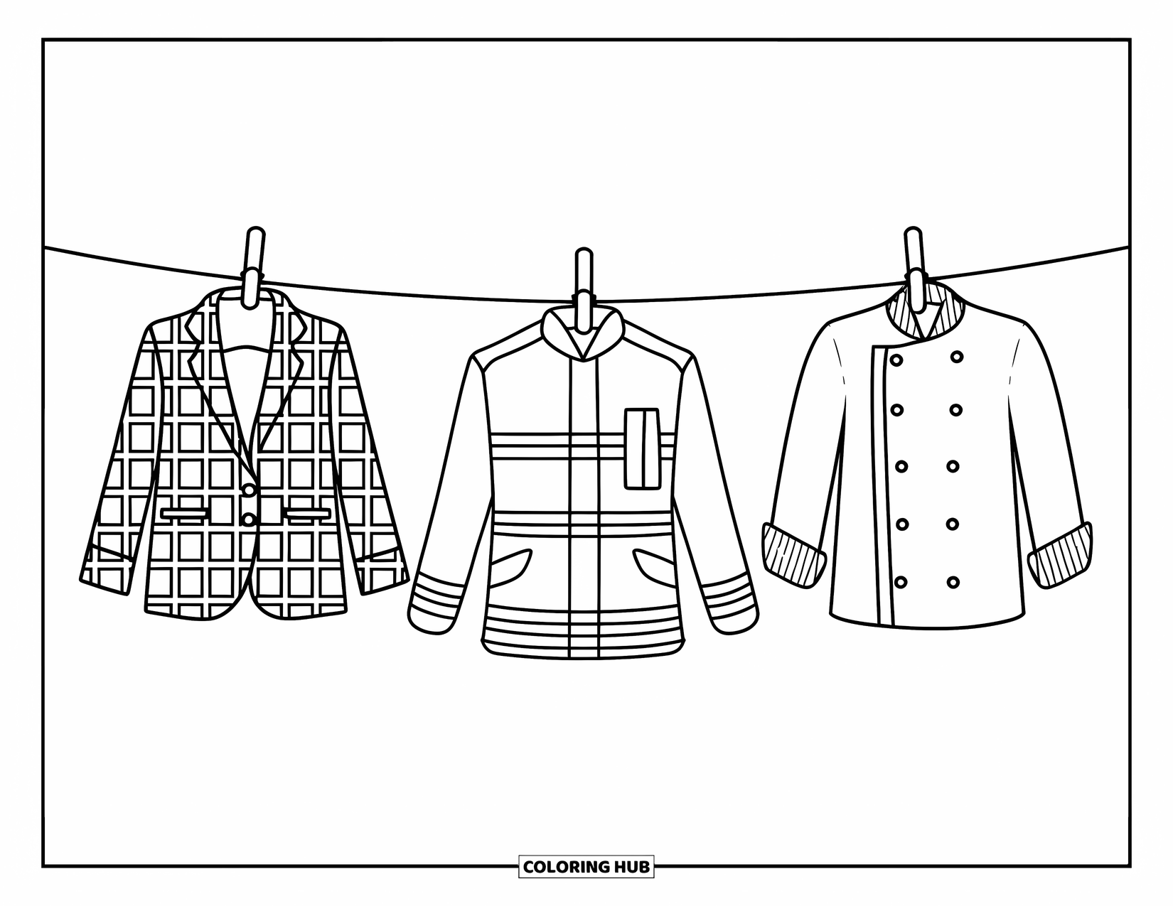 Letter U Coloring Page for Kids: A clothesline holds school, firefighter, and chef outfits with unique designs
