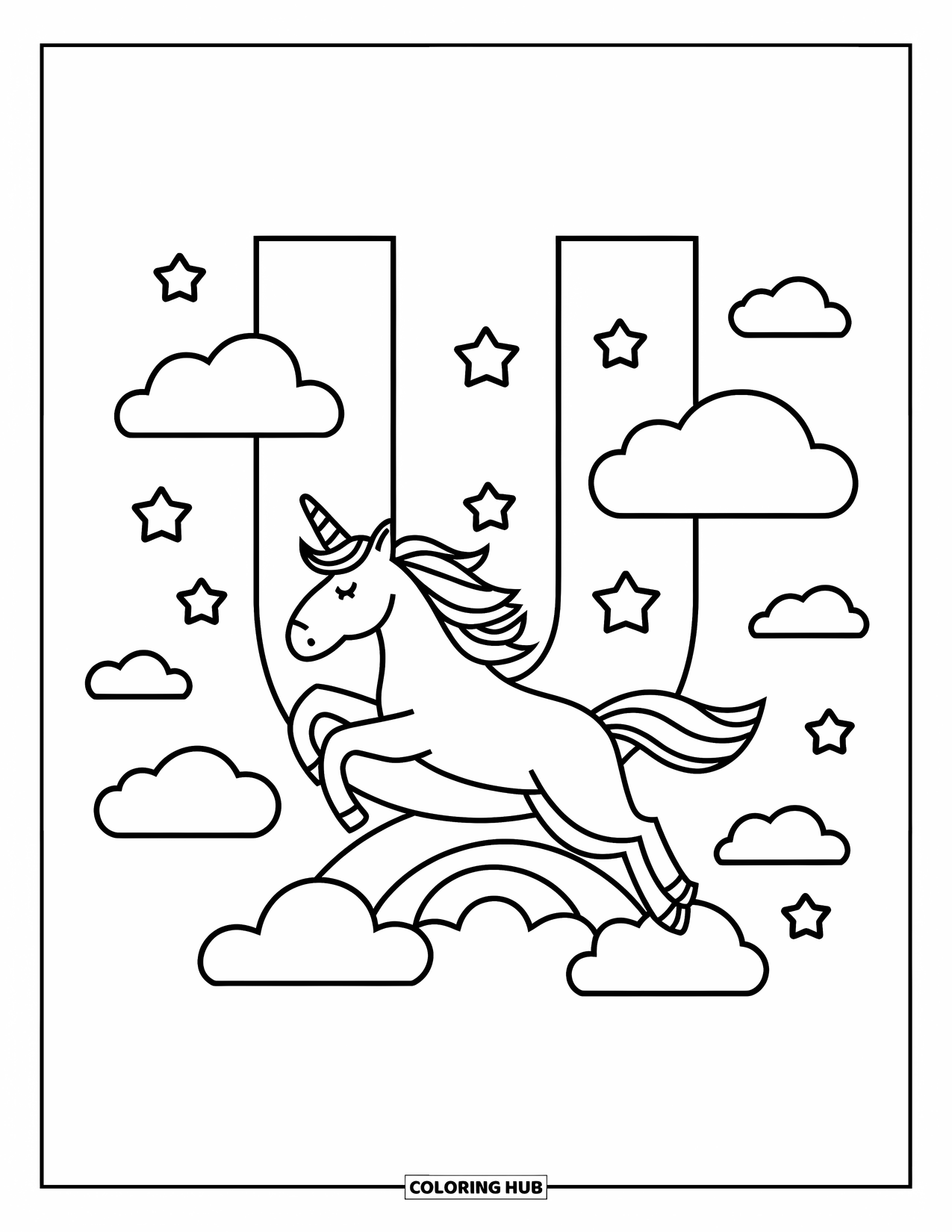 Letter U Coloring Page for Kids: A crowned unicorn jumps over clouds and stars above a large U