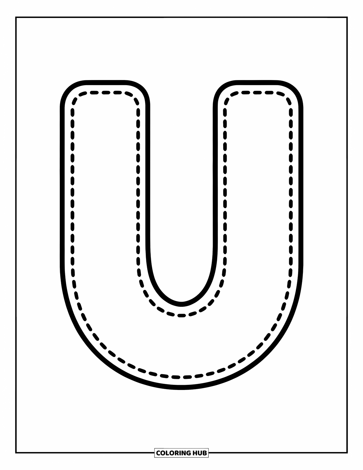 Letter U Coloring Page for Kids: A dotted-outline U stands in the center with evenly spaced dots for preschool tracing
