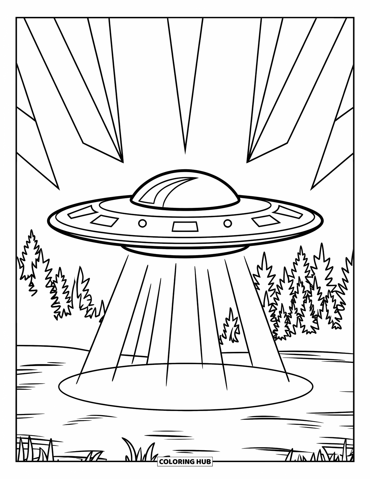 Letter U Coloring Page for Kids: A glowing UFO floats above the trees at night