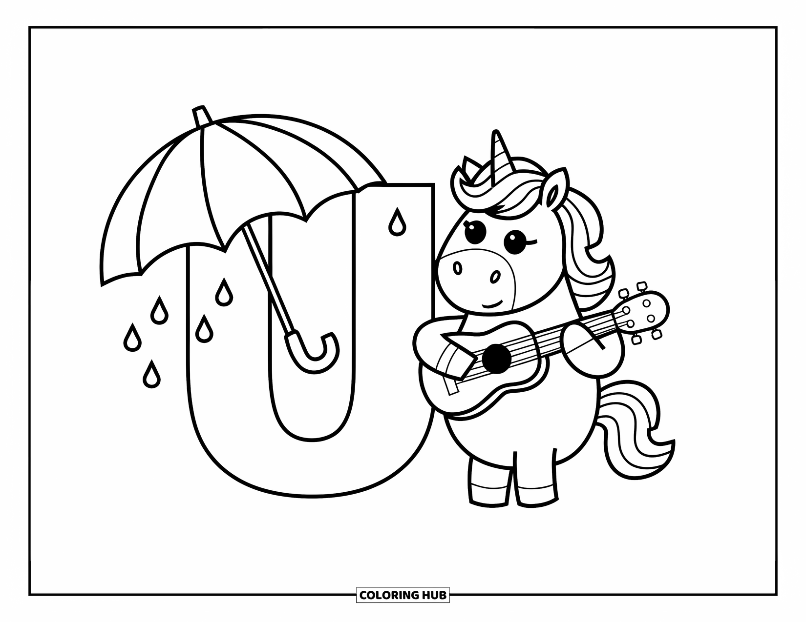 Letter U Coloring Page for Kids: A happy unicorn plays music while raindrops fall on u's umbrella