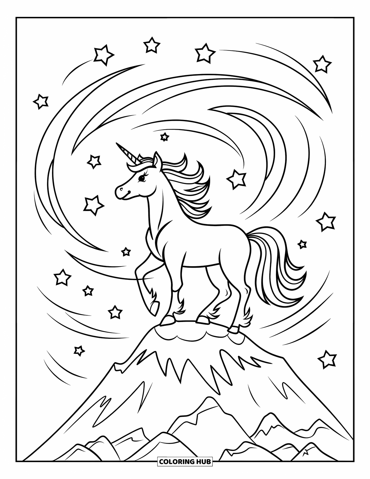 Letter U Coloring Page for Kids: A magical unicorn looks up at stars from a mountaintop