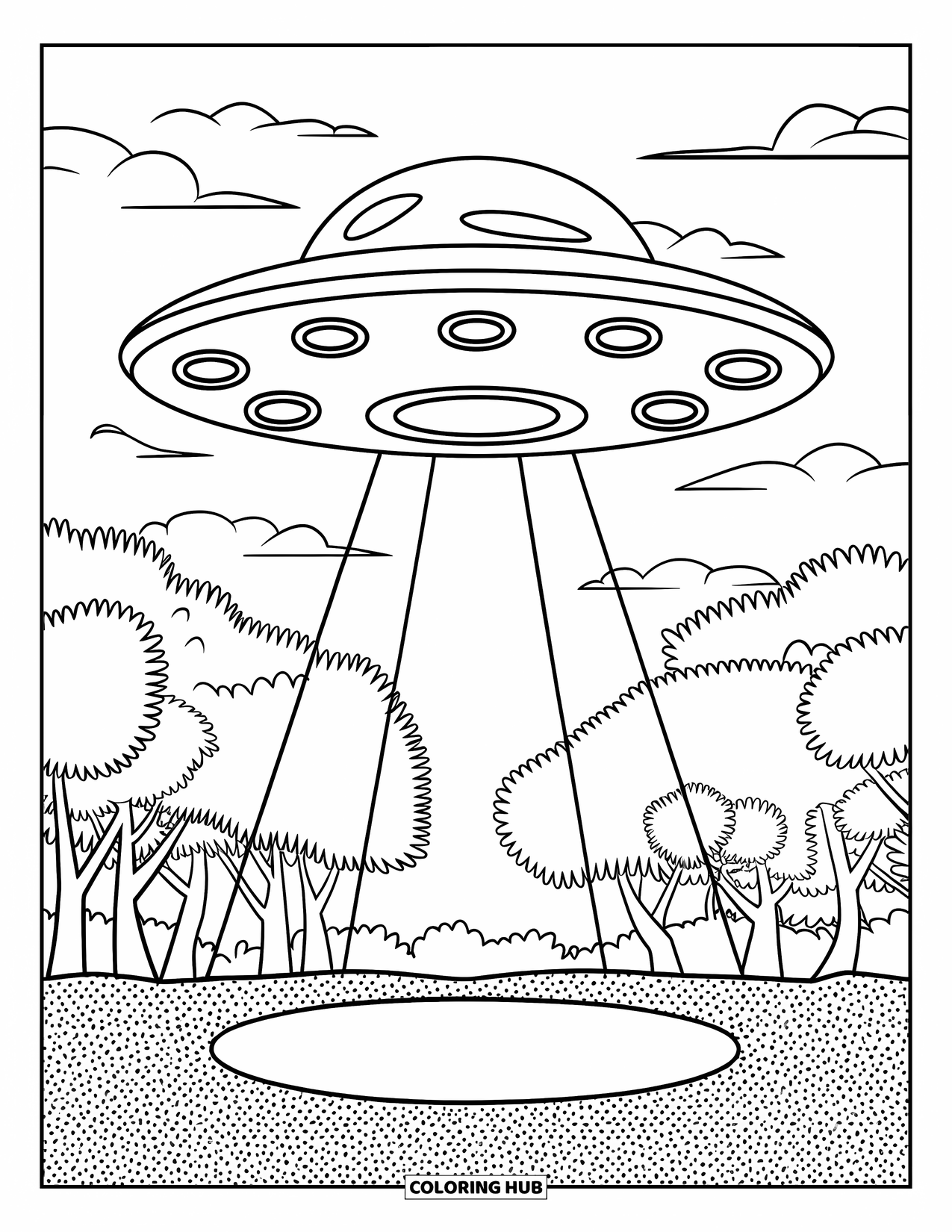 Letter U Coloring Page for Kids: A mysterious UFO lights up the forest with beams