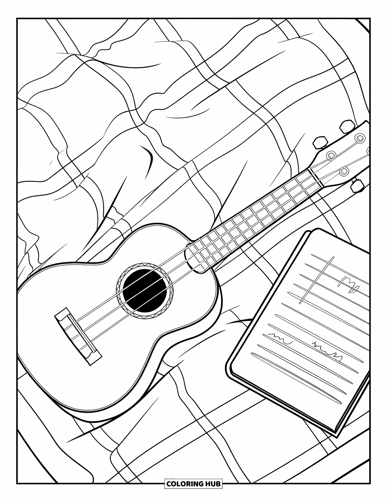 Letter U Coloring Page for Kids: A patterned ukulele sits beside sheet music on a cozy picnic