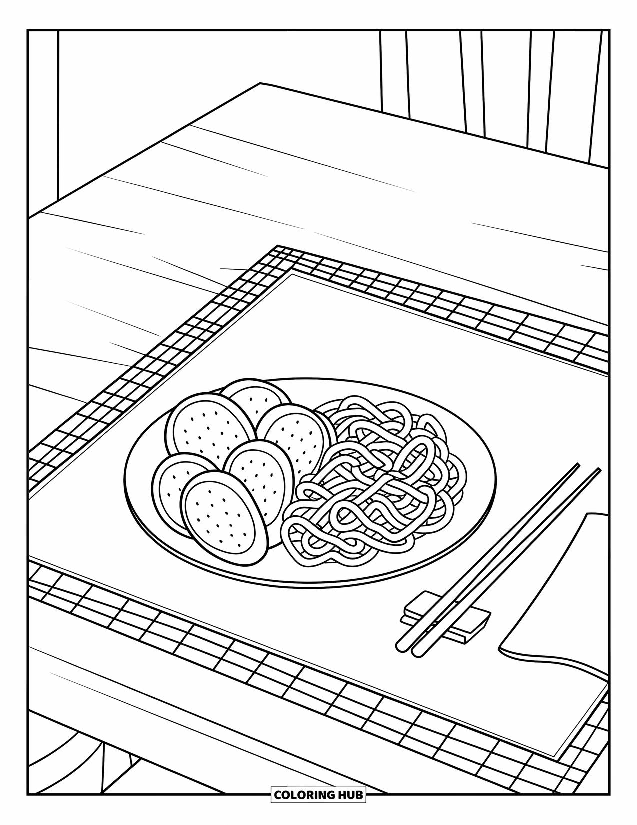 Letter U Coloring Page for Kids: A plate of udon and fruit rests beside chopsticks and a napkin