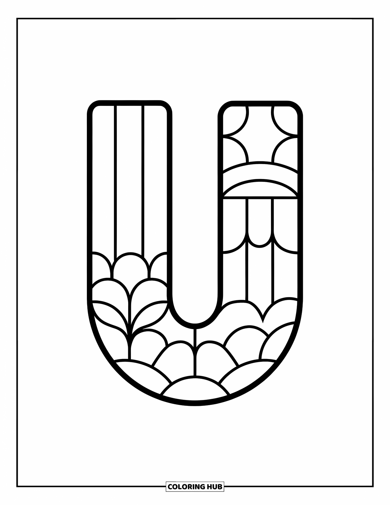 Letter U Coloring Page for Kids: A playful uppercase U with a bold outline is centered with no textures or shading