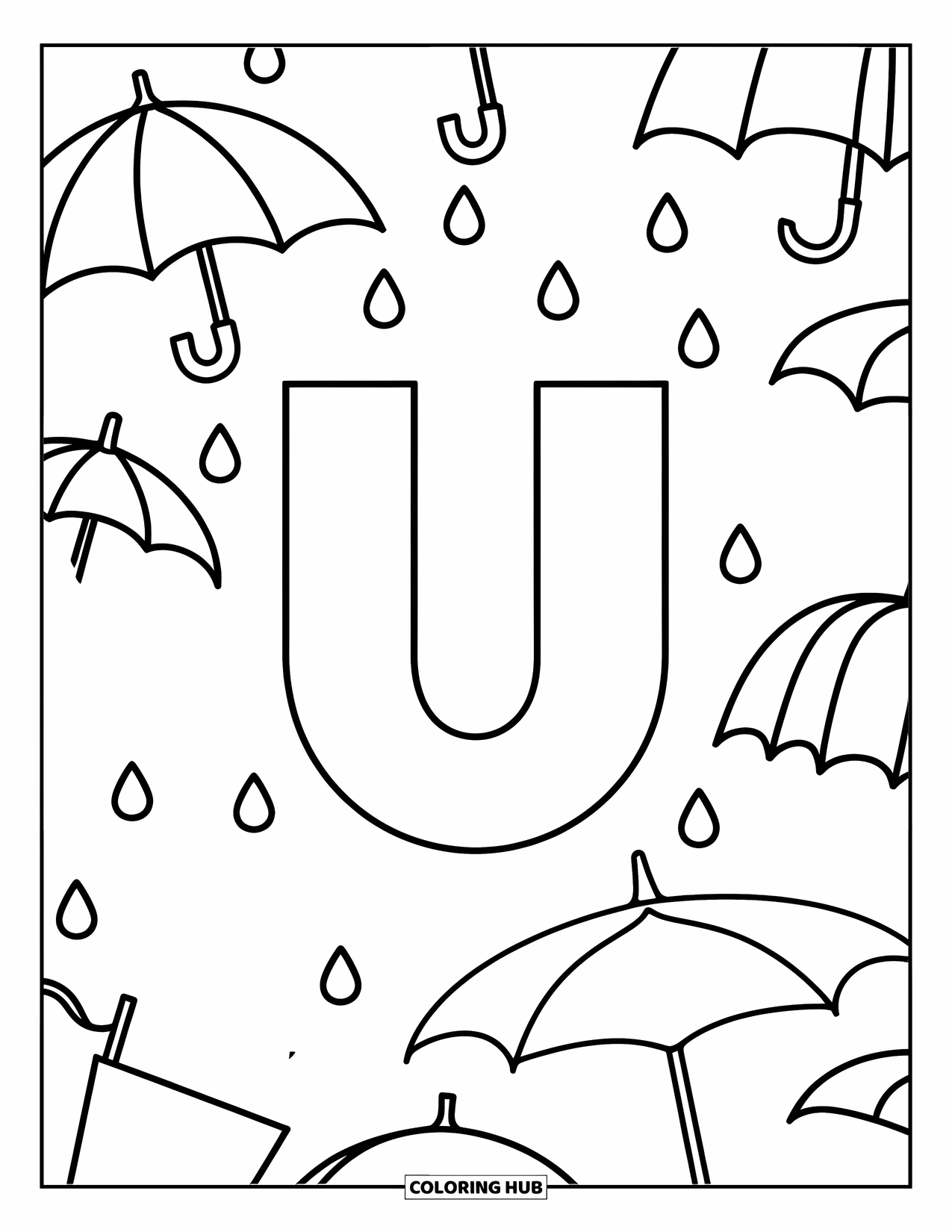 Letter U Coloring Page for Kids: A ring of umbrellas and raindrops surrounds a central U