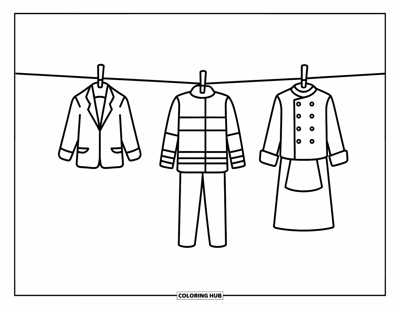 Letter U Coloring Page for Kids: A school, firefighter, and chef uniform hang together on a line