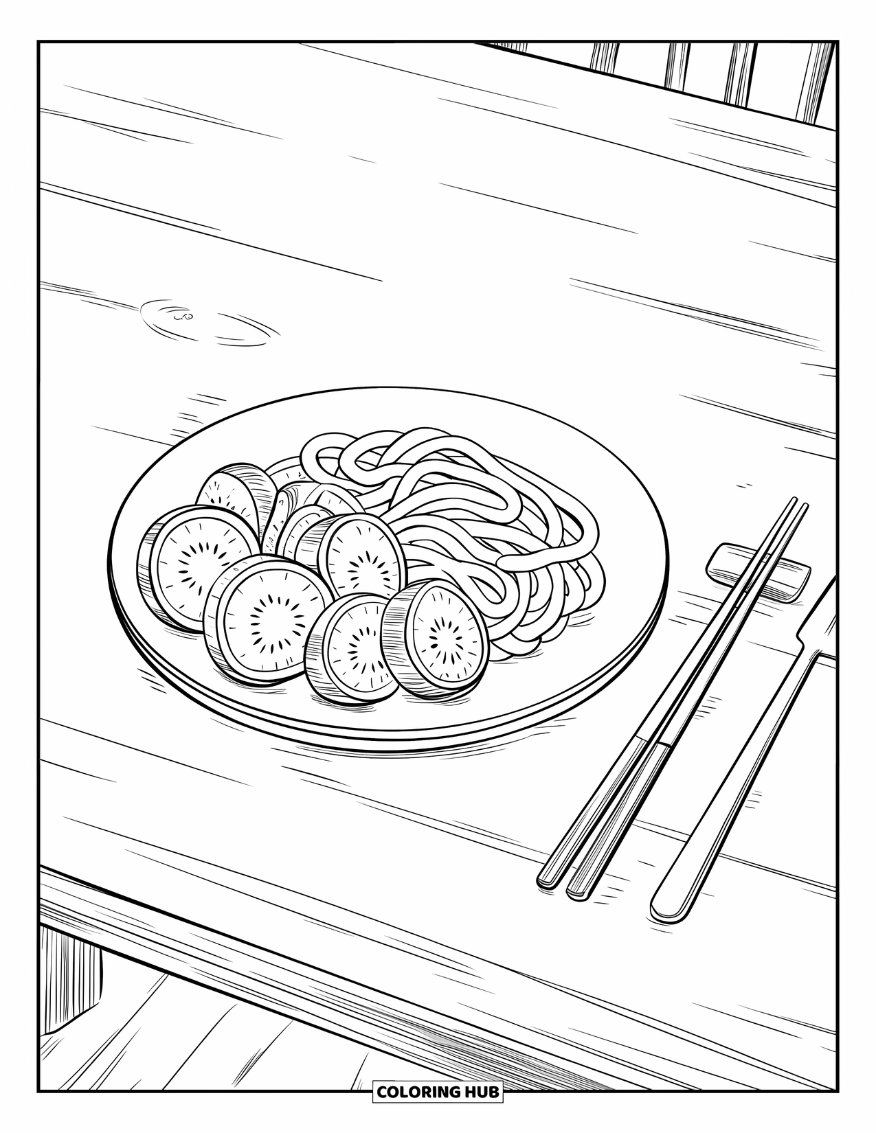 Letter U Coloring Page for Kids: A simple table holds udon noodles and sliced ugli fruit