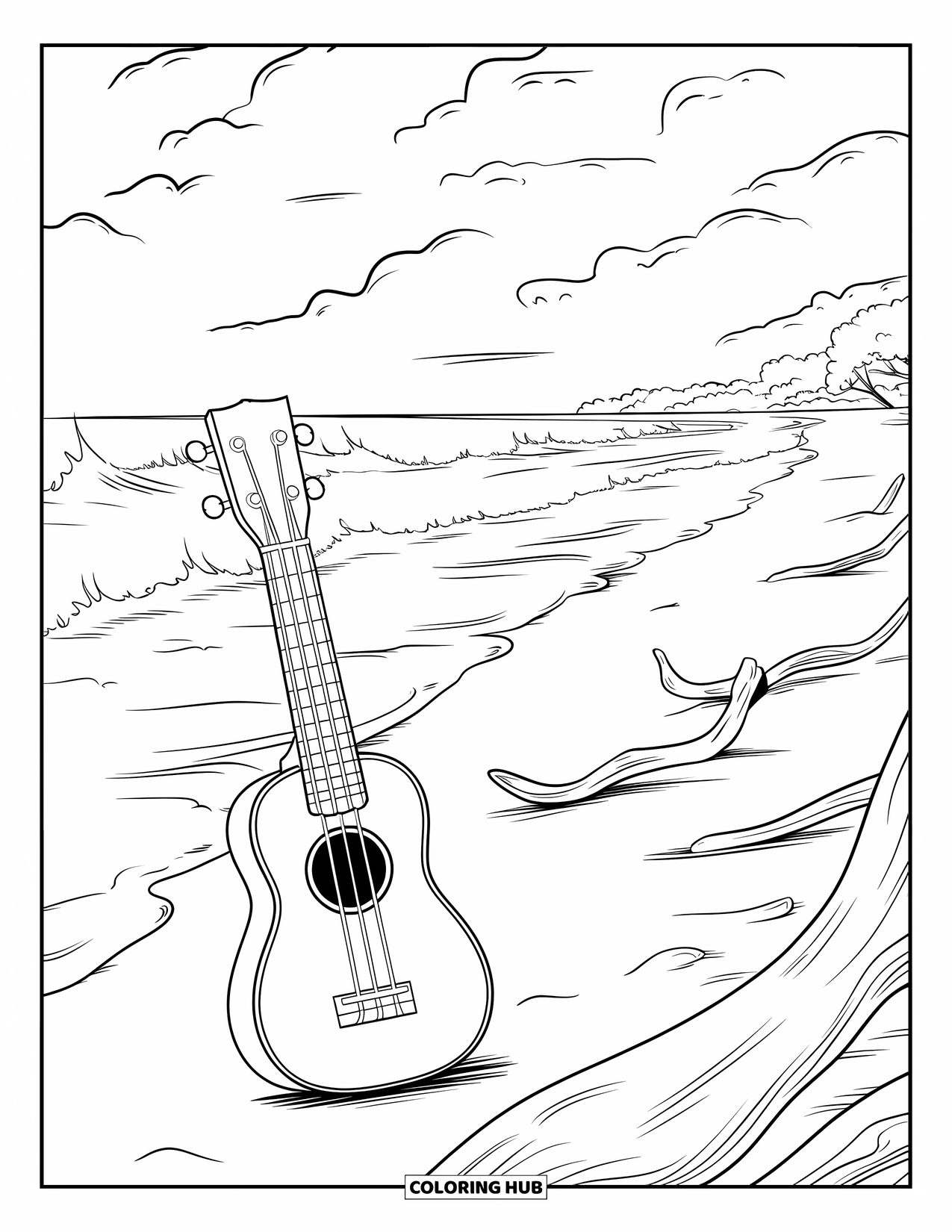 Letter U Coloring Page for Kids: A ukulele rests on a beach with waves and driftwood nearby