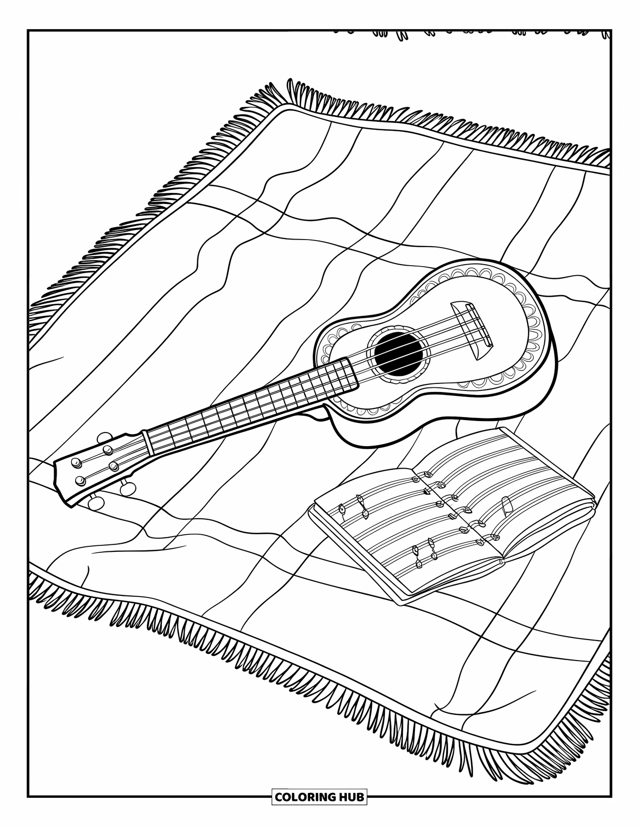 Letter U Coloring Page for Kids: A ukulele rests on a blanket next to an open songbook