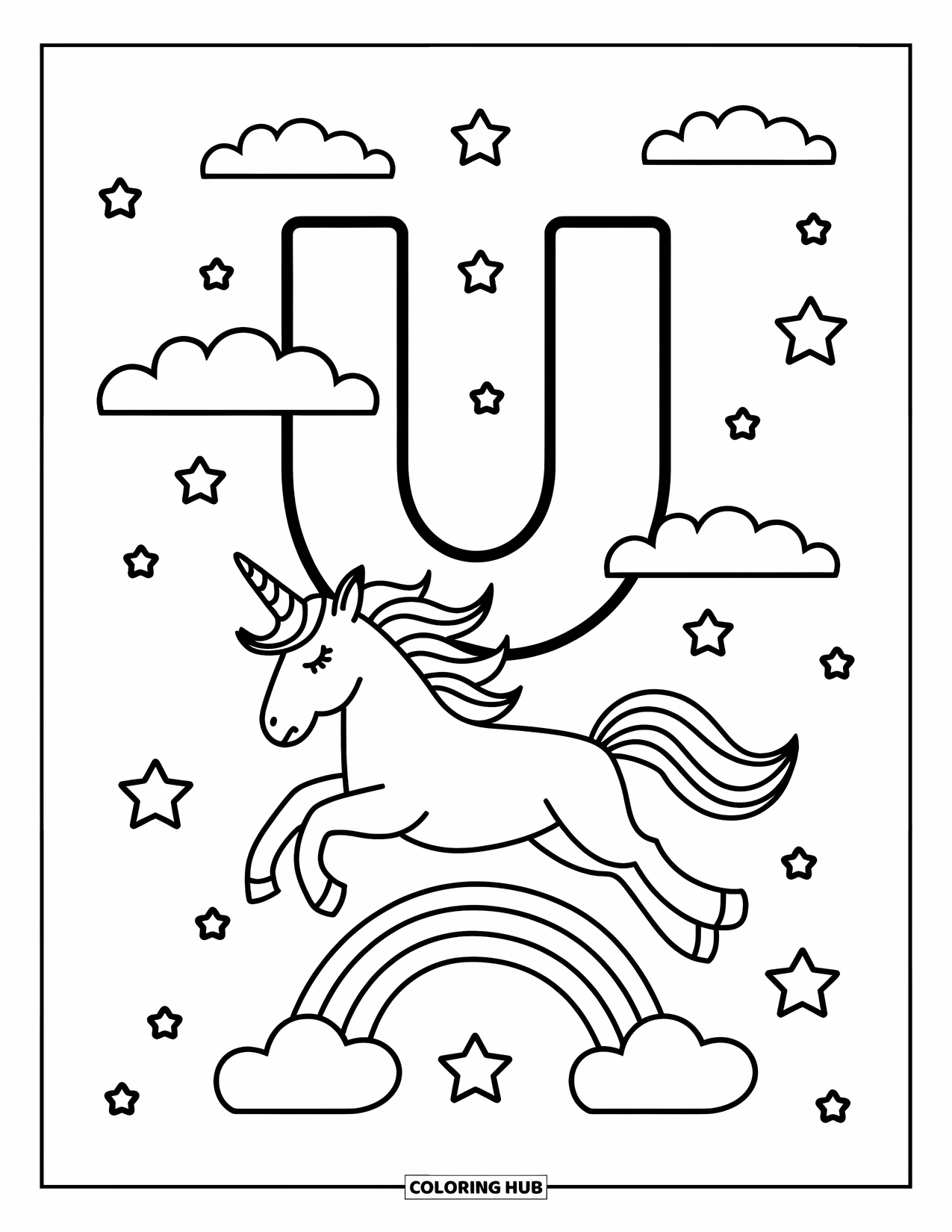 Letter U Coloring Page for Kids: A unicorn jumps over a U and a rainbow in a starry sky