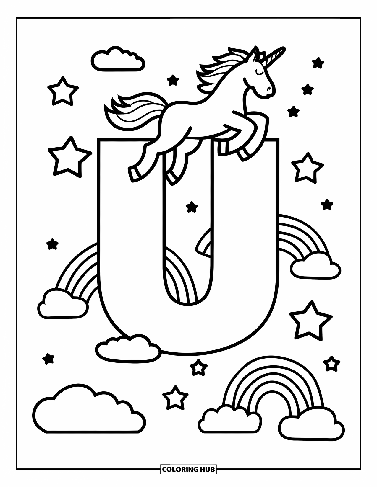 Letter U Coloring Page for Kids: A unicorn leaps above a big U with stars and clouds