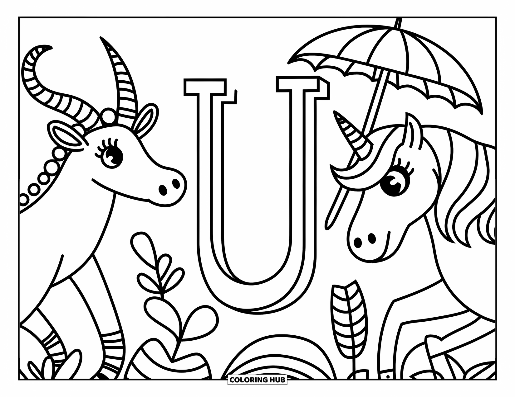 Letter U Coloring Page for Kids: A unicorn, umbrellabird, and urial circle the letter U