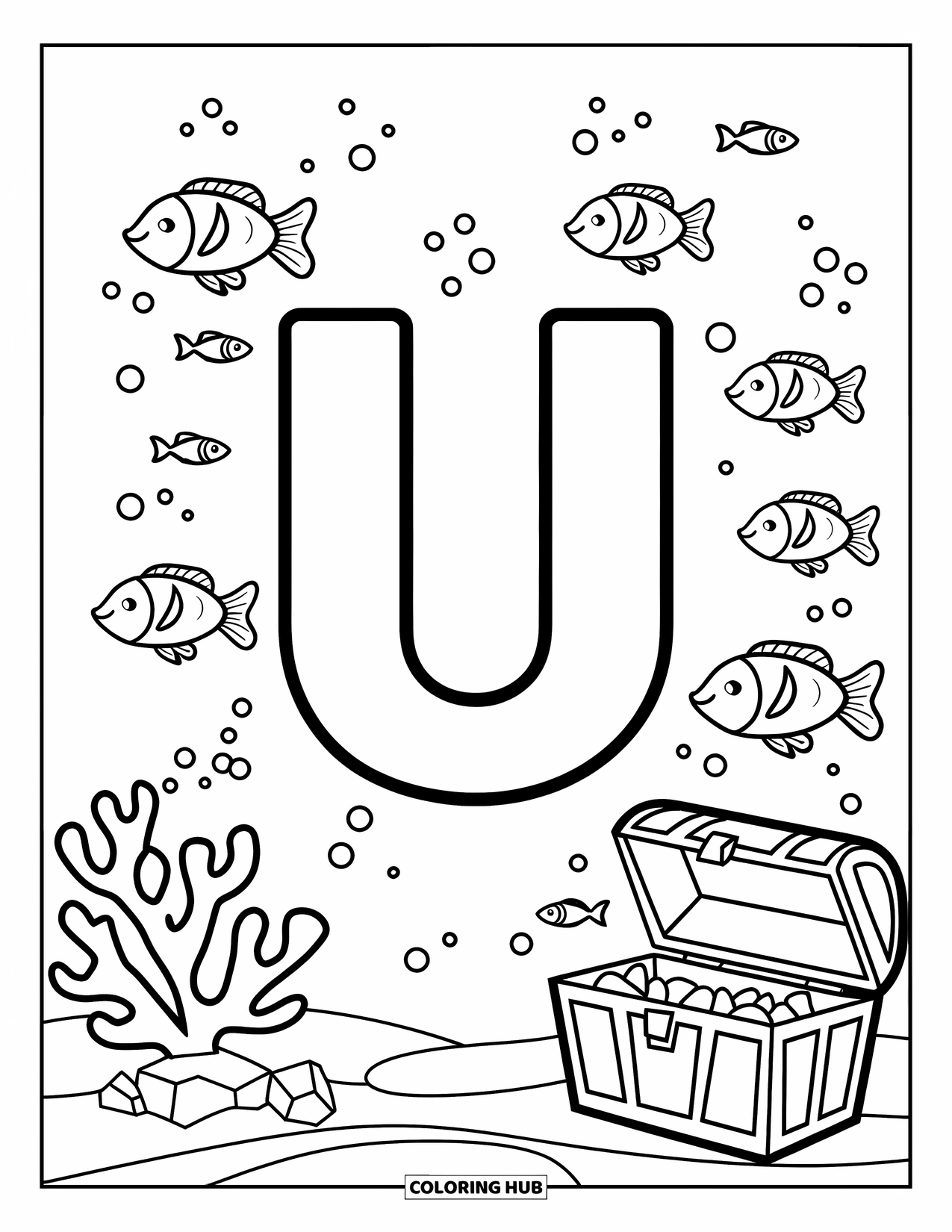 Letter U Coloring Page for Kids: An underwater treasure scene frames a bold U in the center