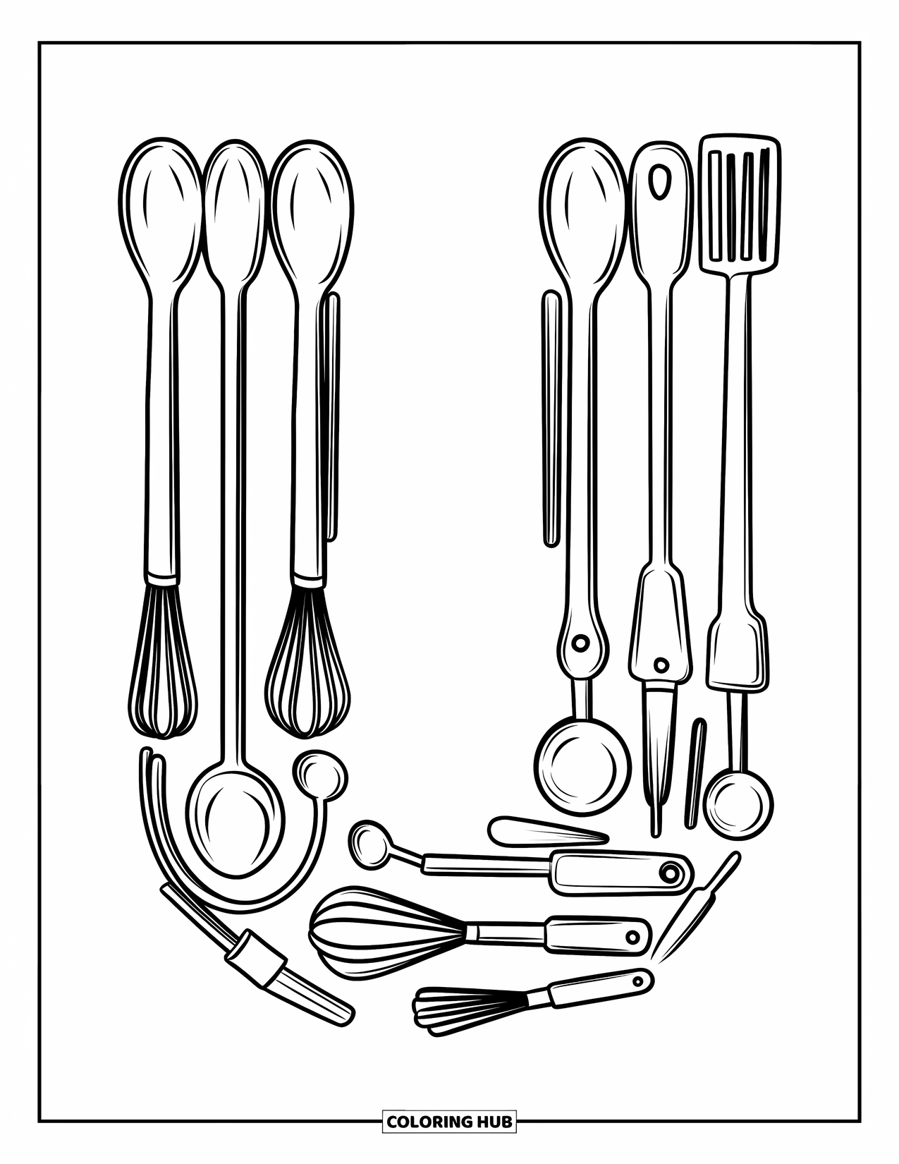 Letter U Coloring Page for Kids: Ladles and spoons form a fun U surrounded by kitchen tools