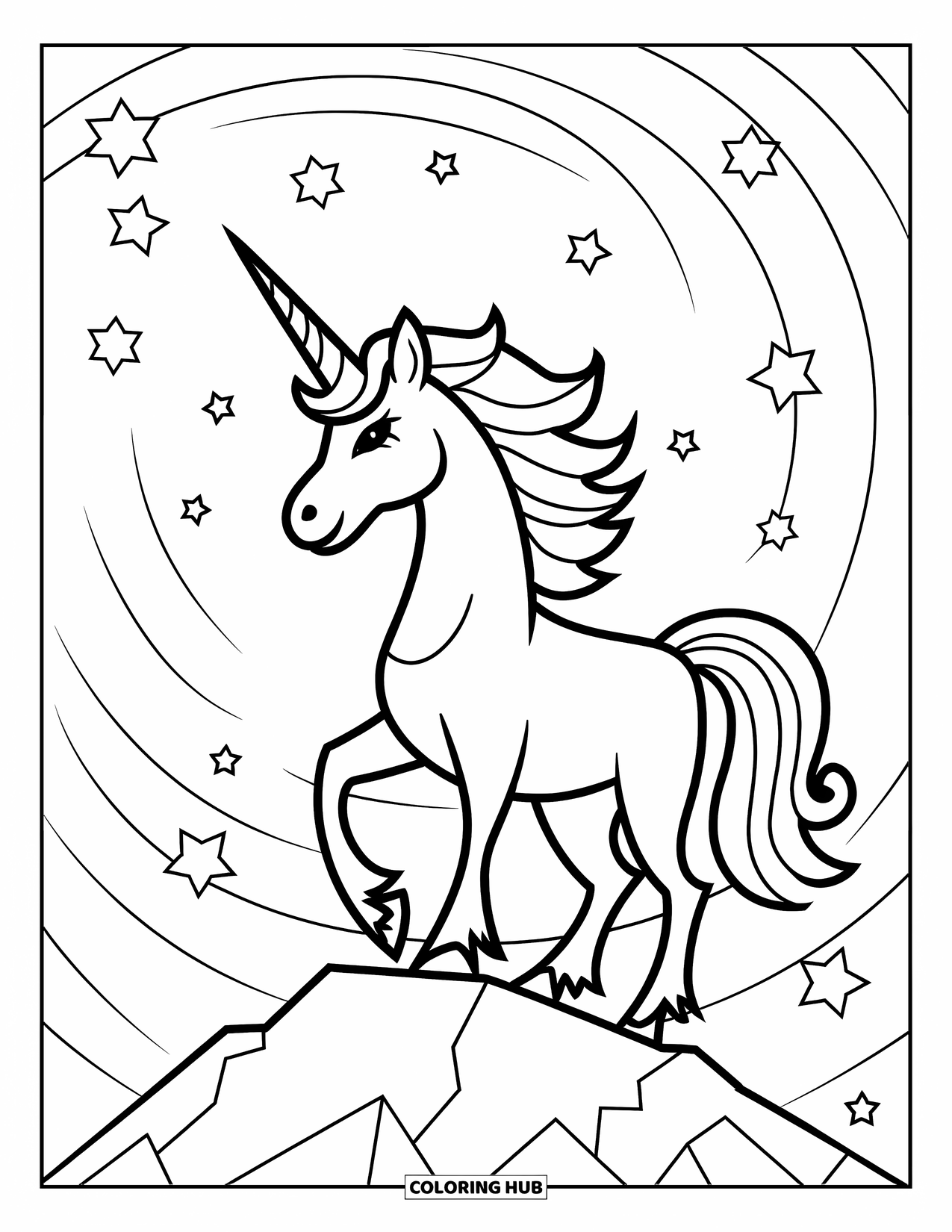 Letter U Coloring Page for Kids: Stars swirl as a unicorn gazes skyward on the mountain