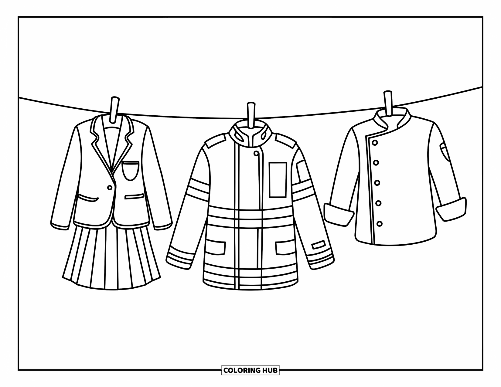 Letter U Coloring Page for Kids: Three different uniforms hang neatly on a clothesline