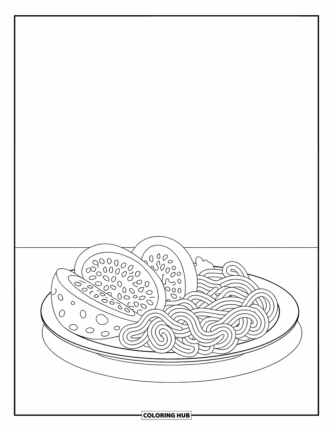 Letter U Coloring Page for Kids: Ugli fruit slices and udon noodles sit on a tidy lunch table